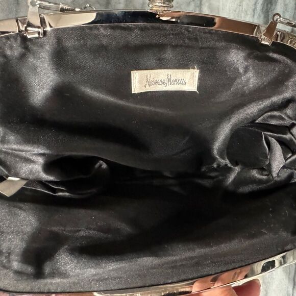 Neiman Marcus Ruched Black Evening Bag/Clutch W/ Long Silver Colored Metal Strap - Picture 8 of 9